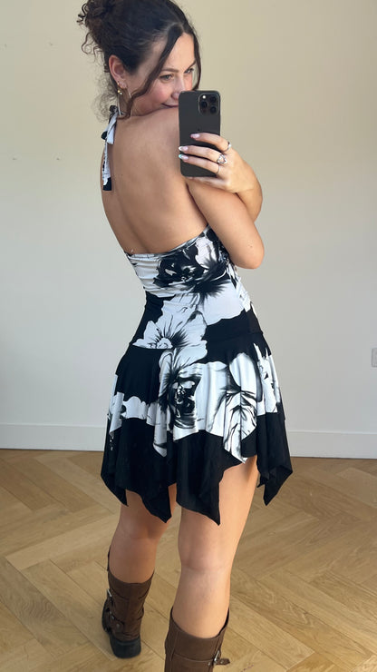 00s black floral mini dress- size S