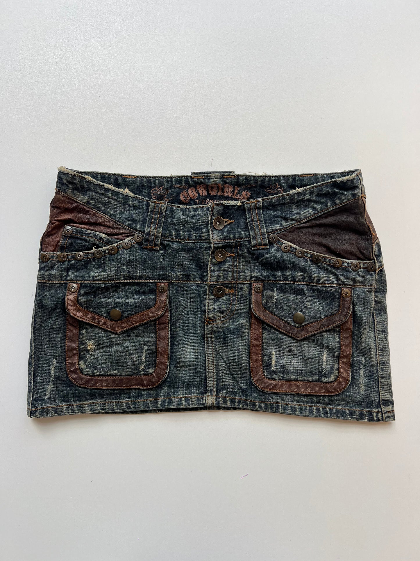 00s denim leather mini skirt- size S
