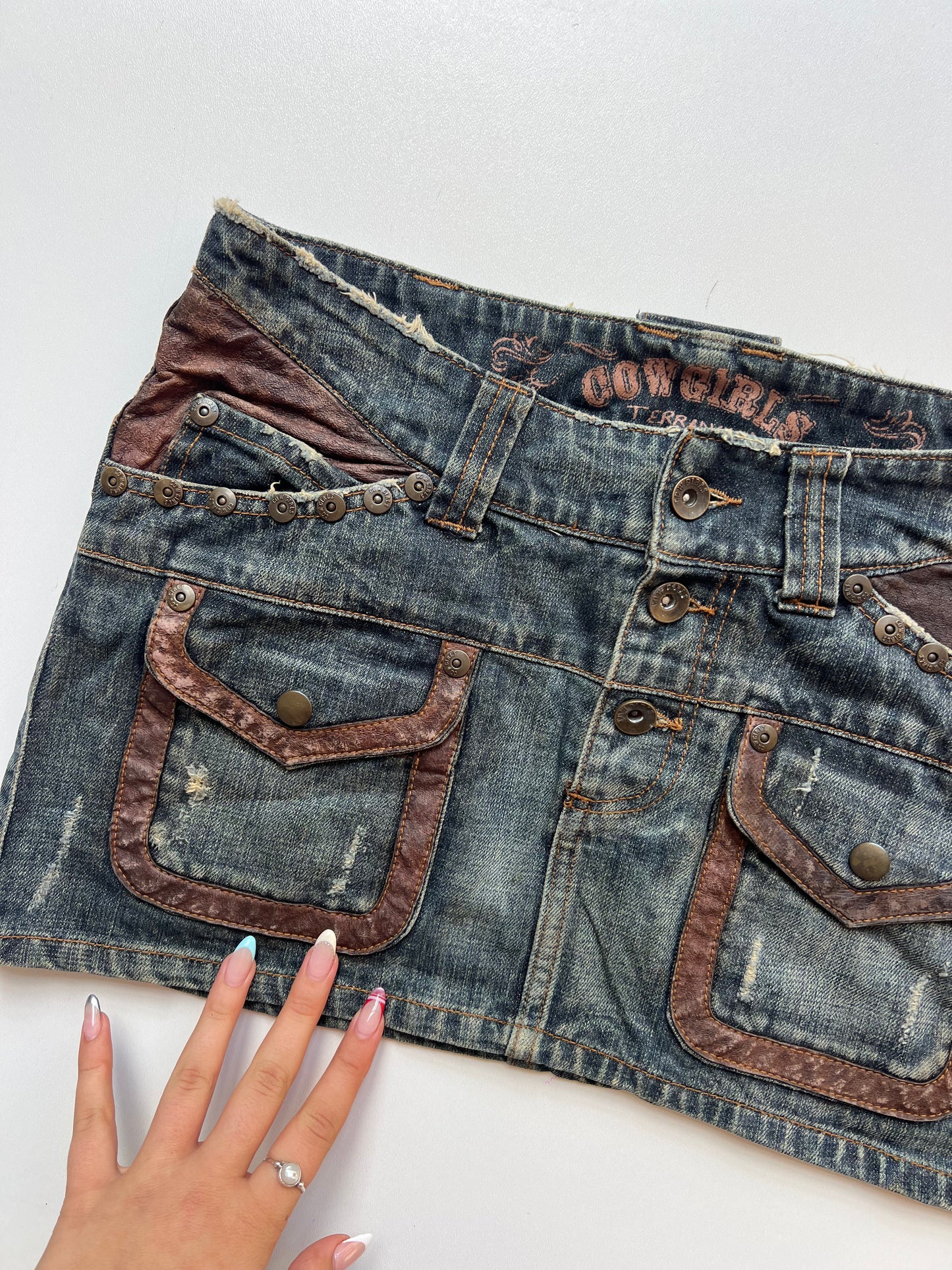 00s denim leather mini skirt- size S
