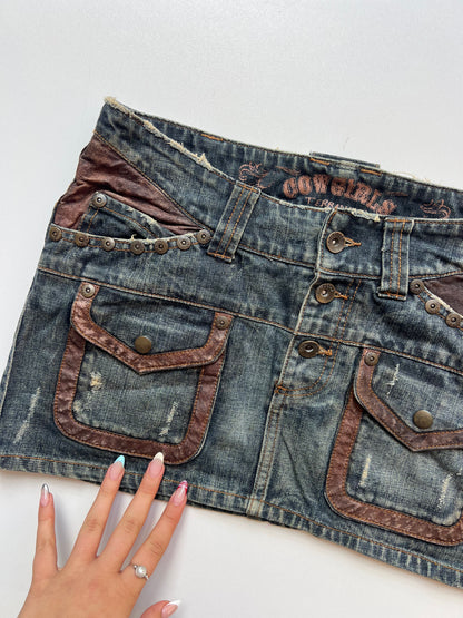 00s denim leather mini skirt- size S