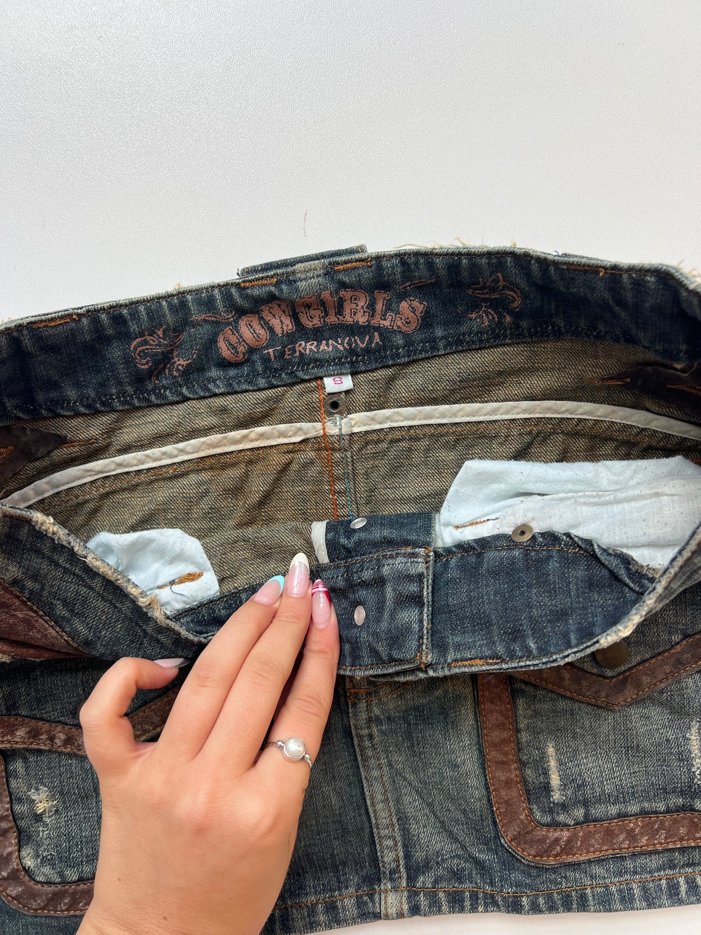 00s denim leather mini skirt- size S