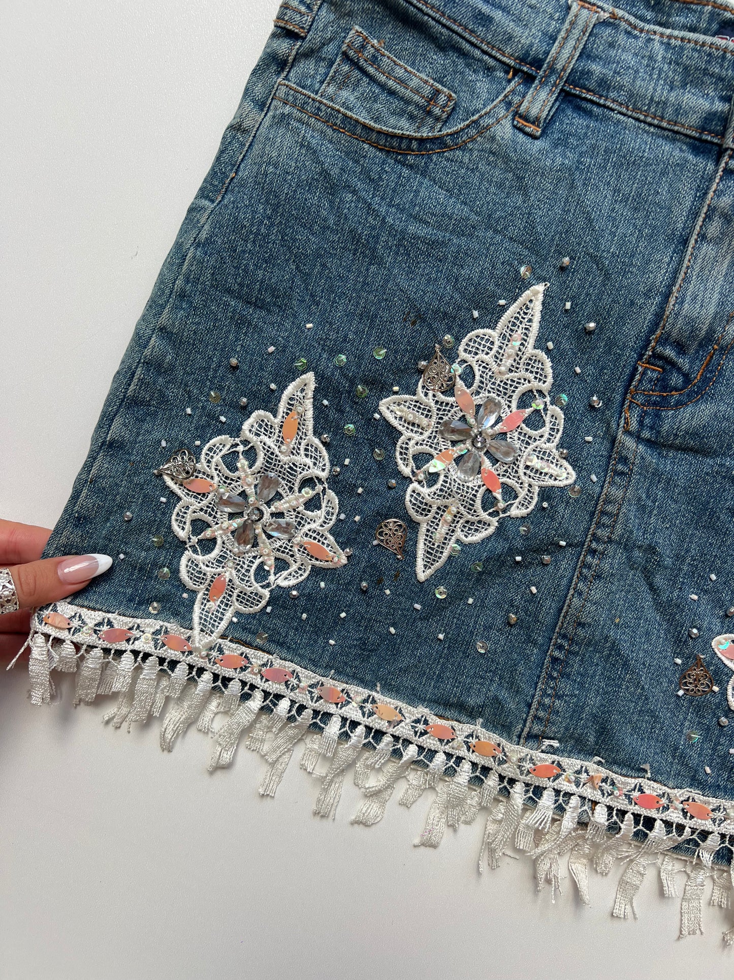 00s denim lace sequin skirt- size S