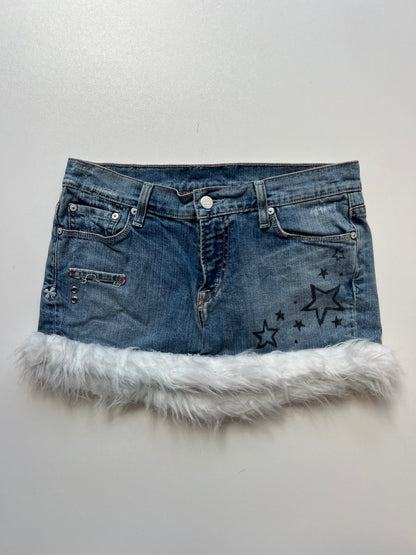 00s denim fur mini skirt- size S