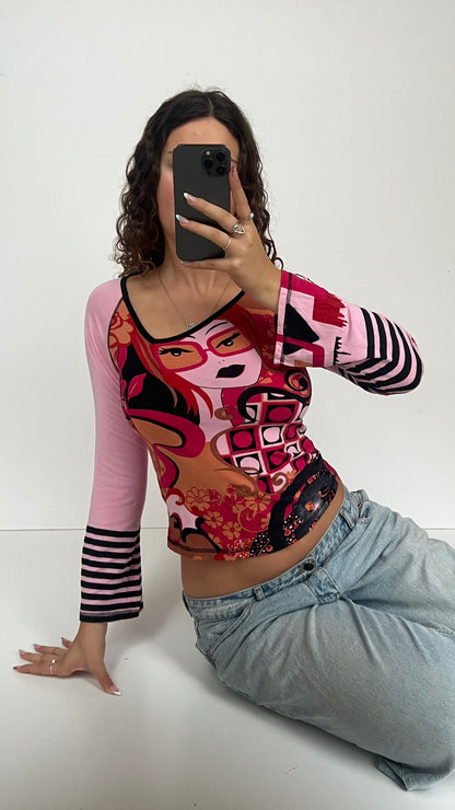 00s pink graphic stripe top- size M/L