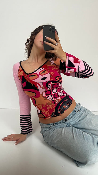 00s pink graphic stripe top- size M/L