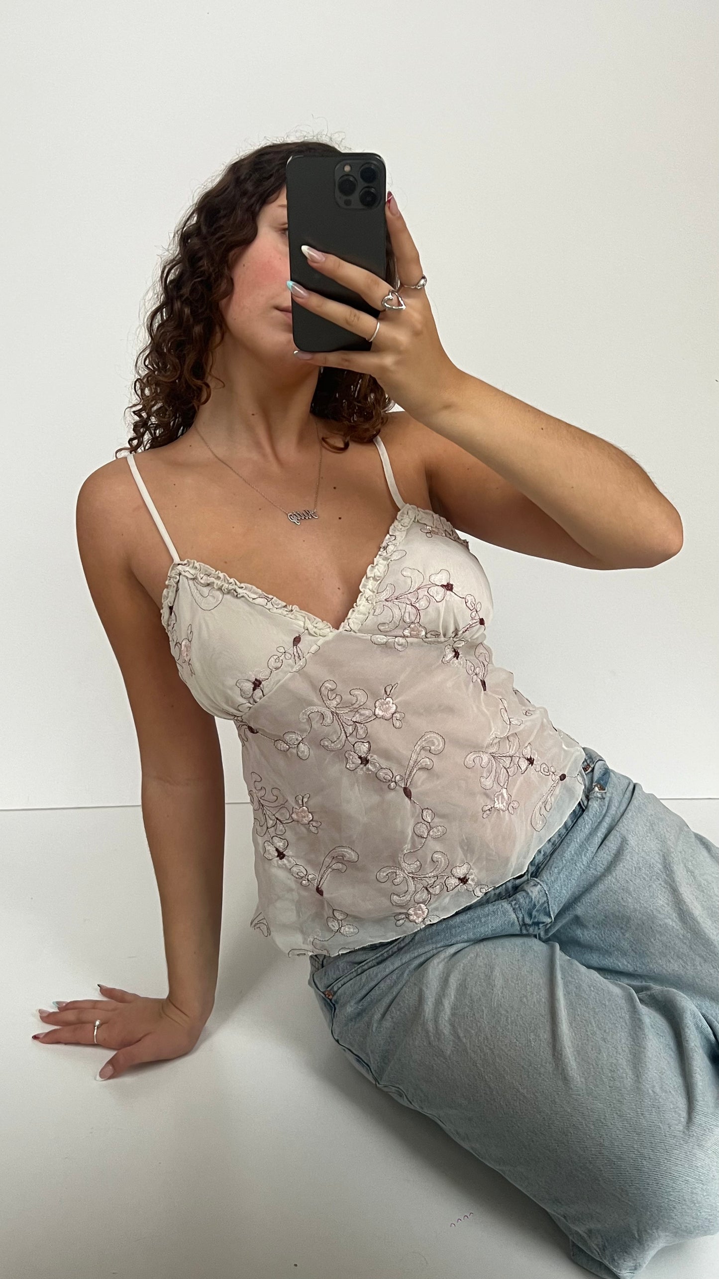 00s white floral mesh cami- size L
