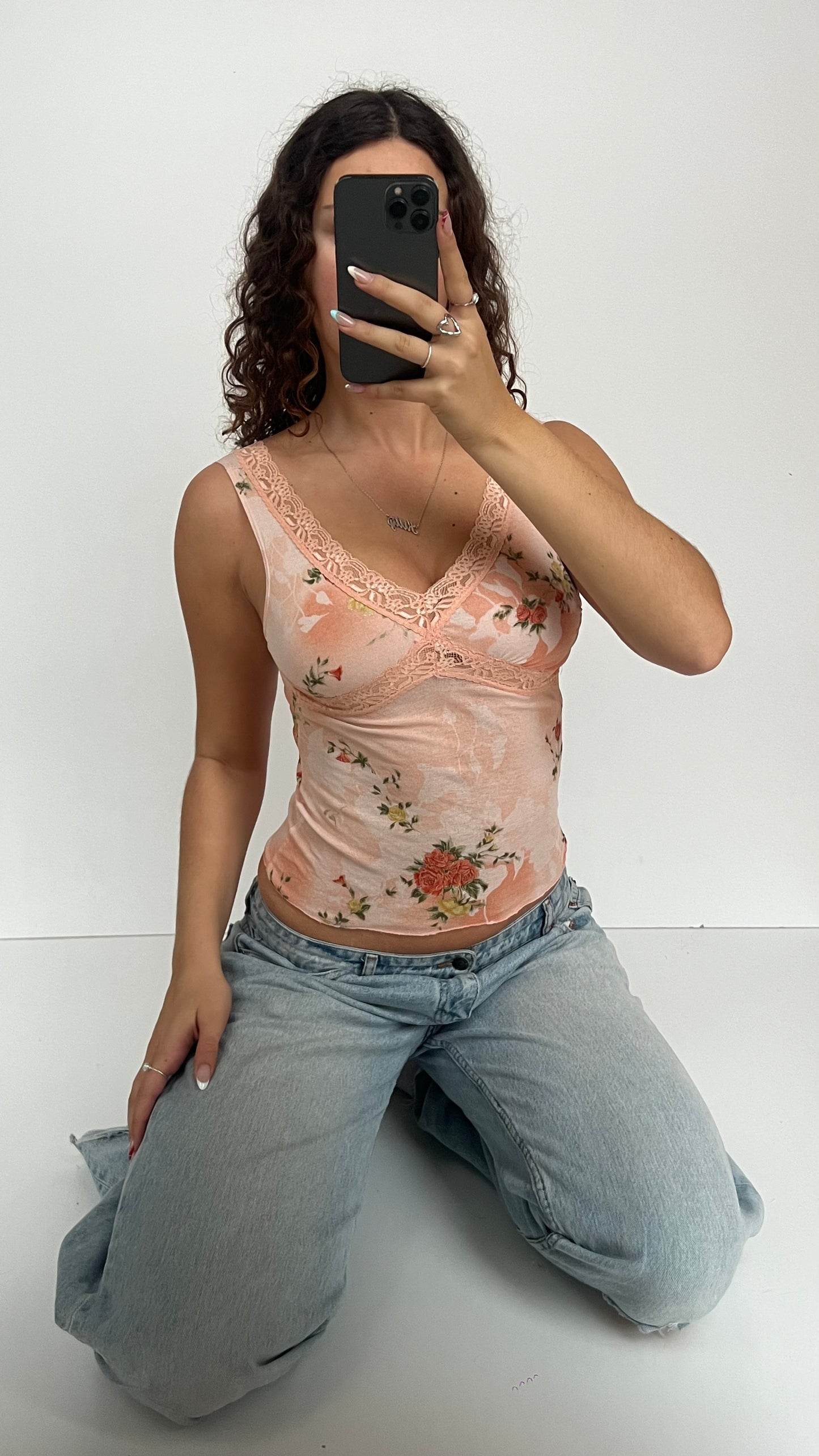 00s pink mesh floral top- size S