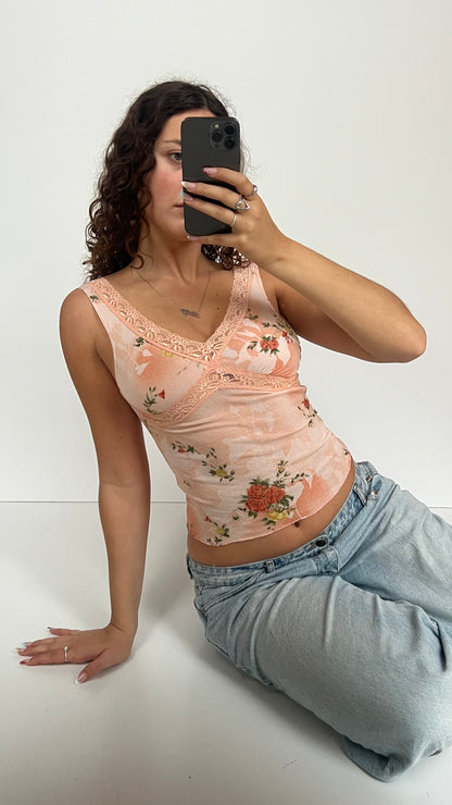 00s pink mesh floral top- size S