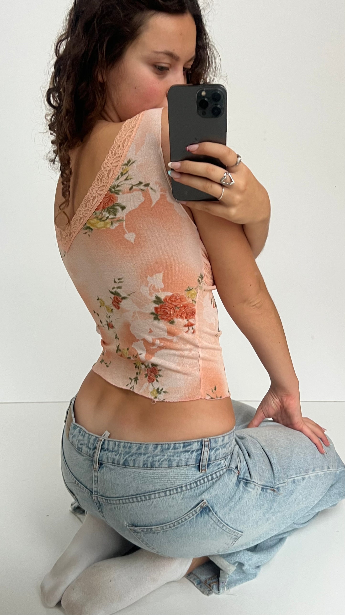 00s pink mesh floral top- size S