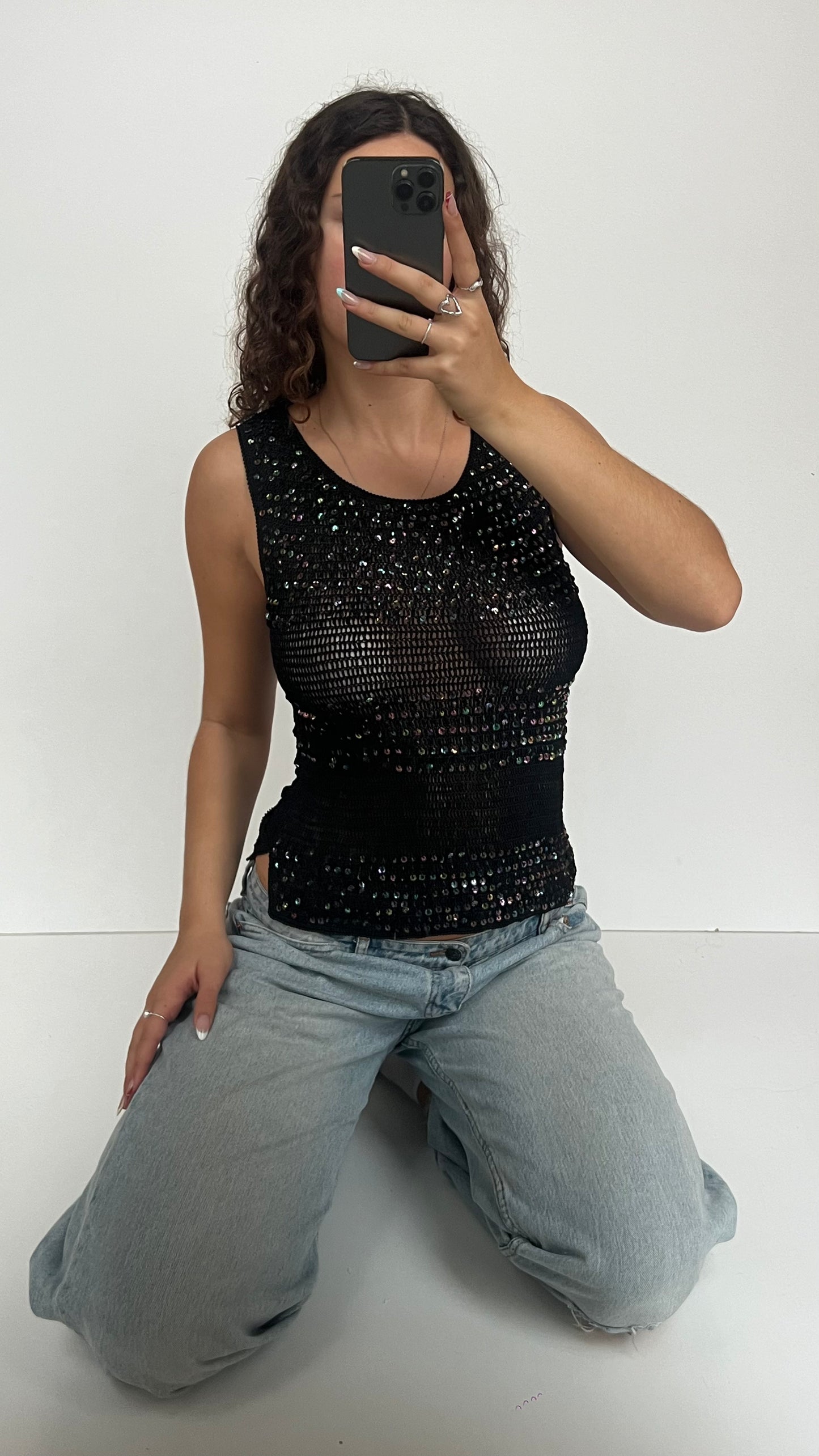 00s black crochet top- size M