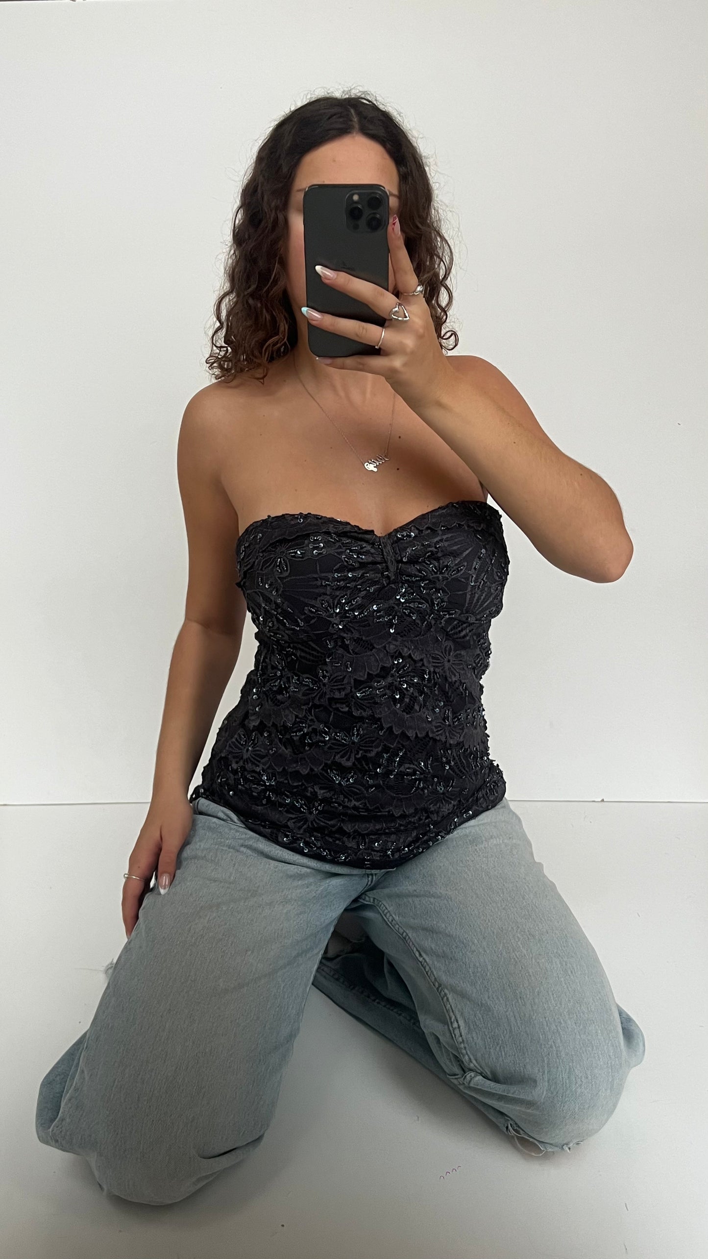 00s grey sequin lace top- size M