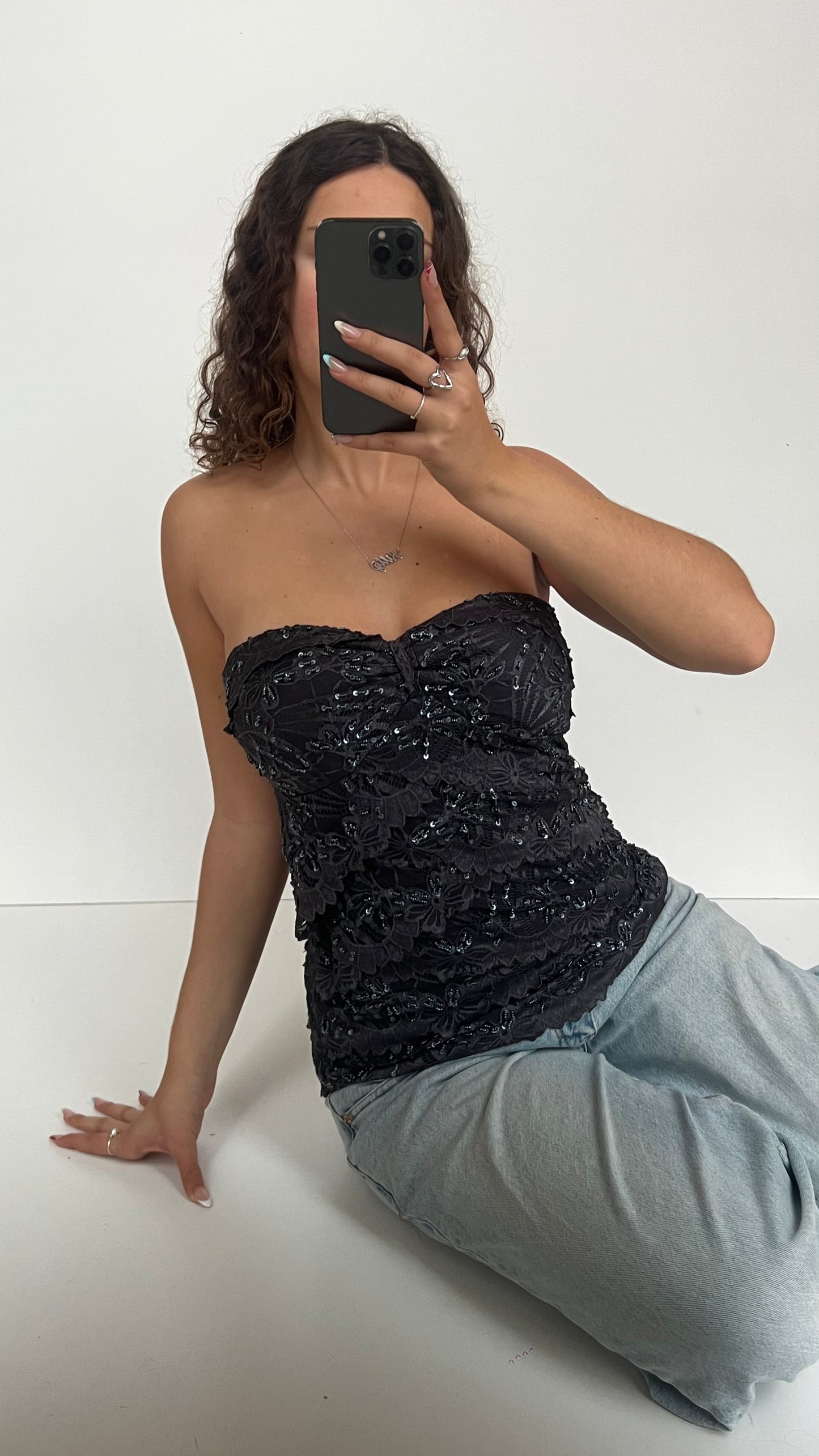 00s grey sequin lace top- size M
