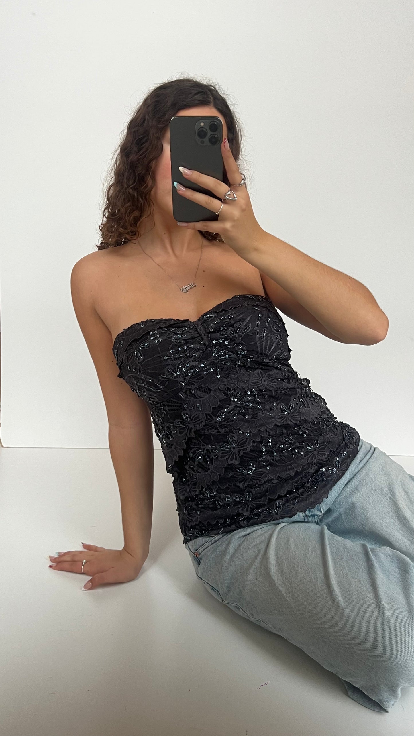 00s grey sequin lace top- size M