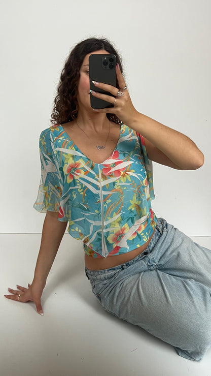 00s blue floral top- size M