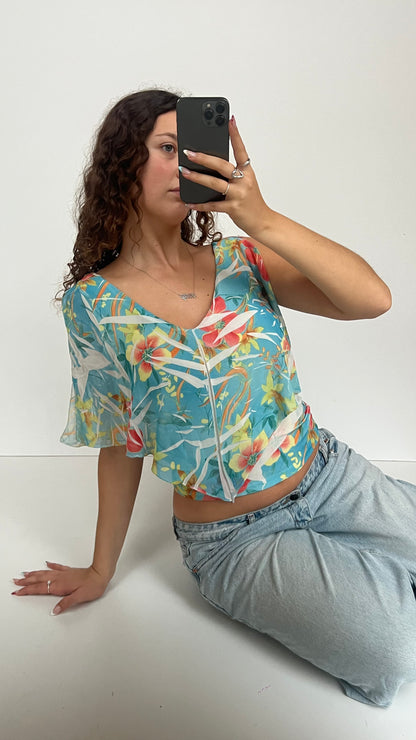 00s blue floral top- size M