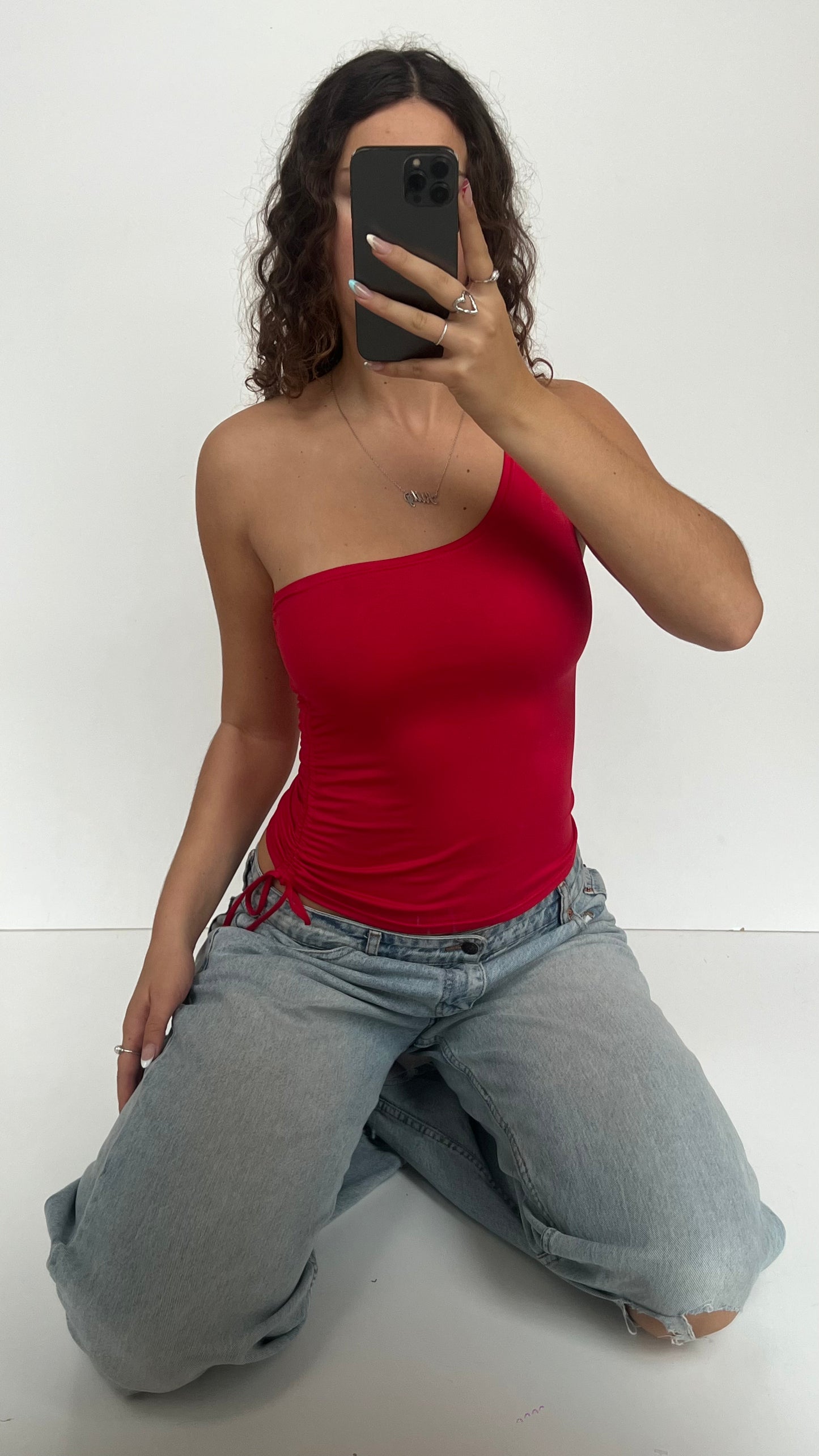 00s red one shoulder top- size M