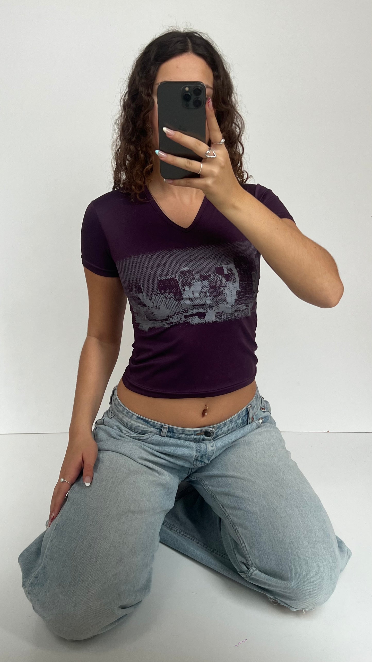 00s purple graphic top- size XS