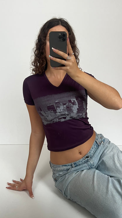 00s purple graphic top- size XS