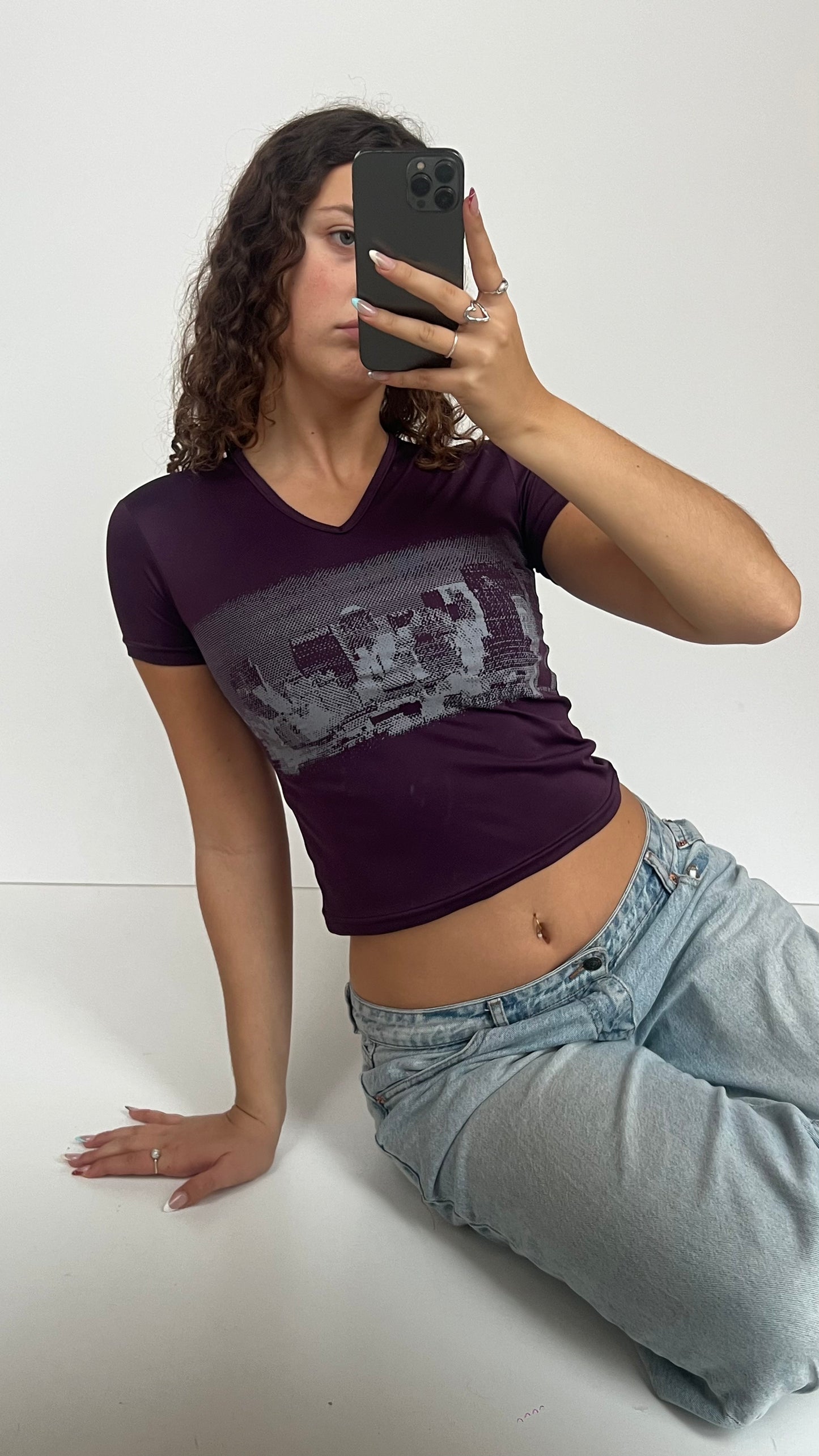 00s purple graphic top- size XS