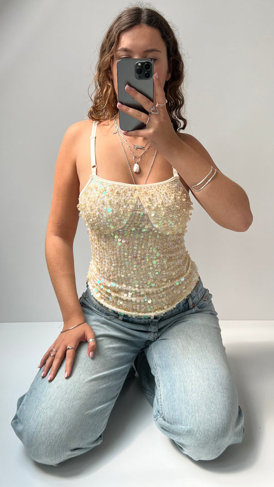 00s cream sequin beaded cami- size S