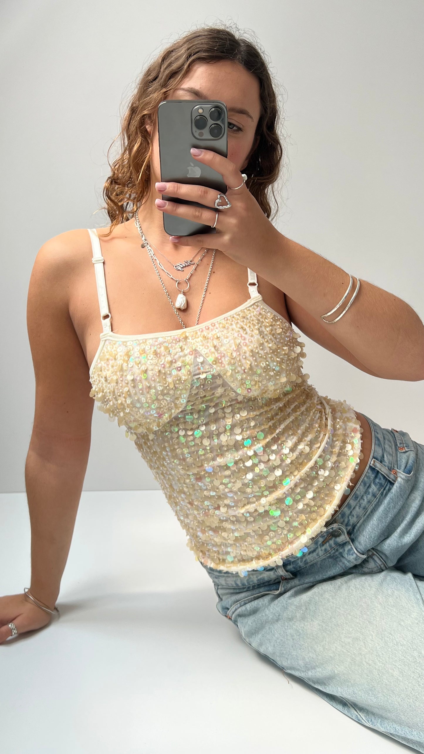 00s cream sequin beaded cami- size S