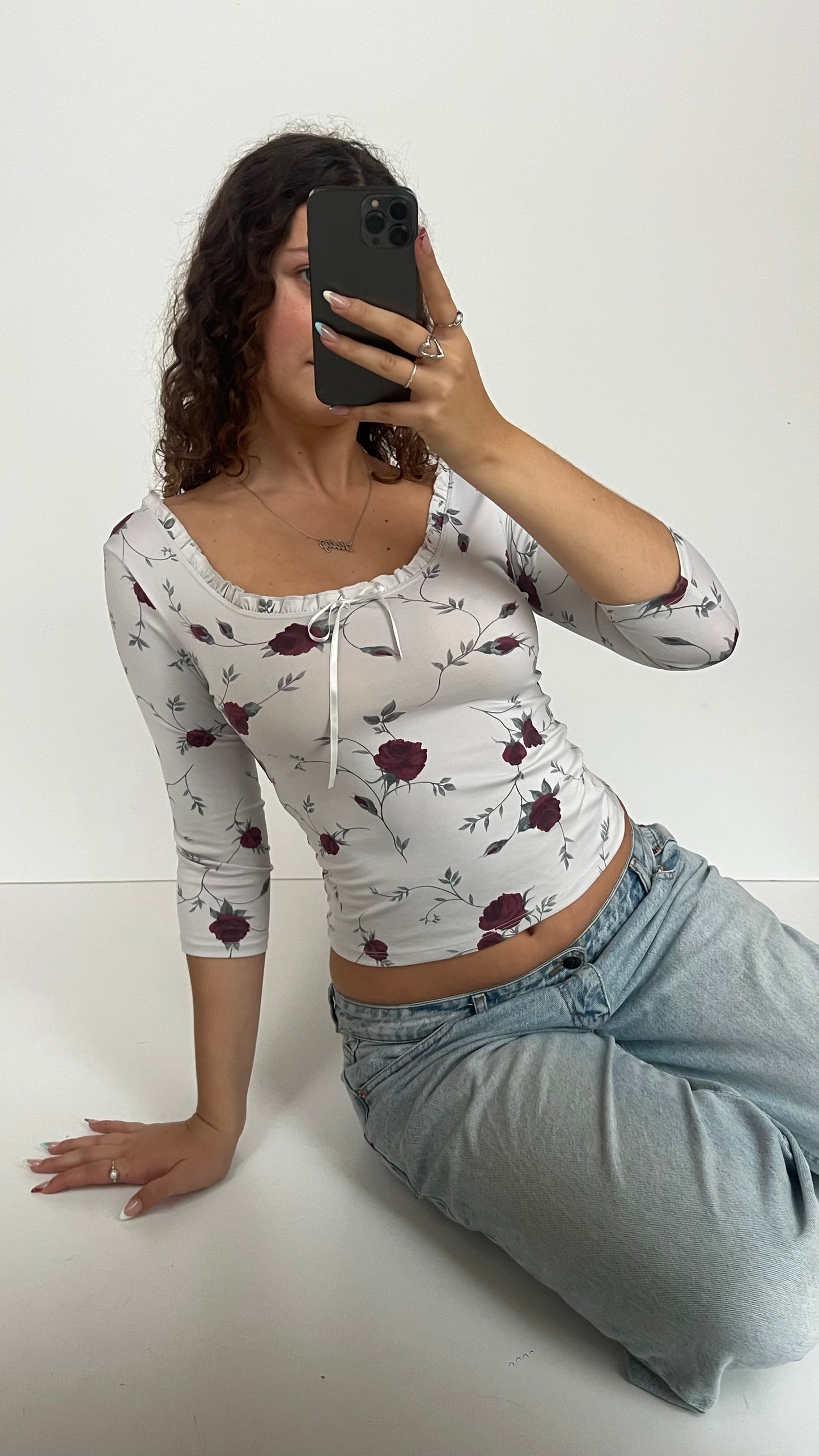 00s white floral top- size M