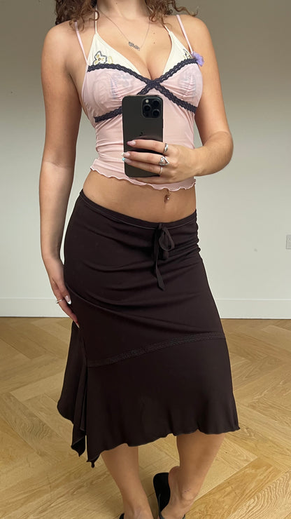00s brown asymmetric midi skirt- size S