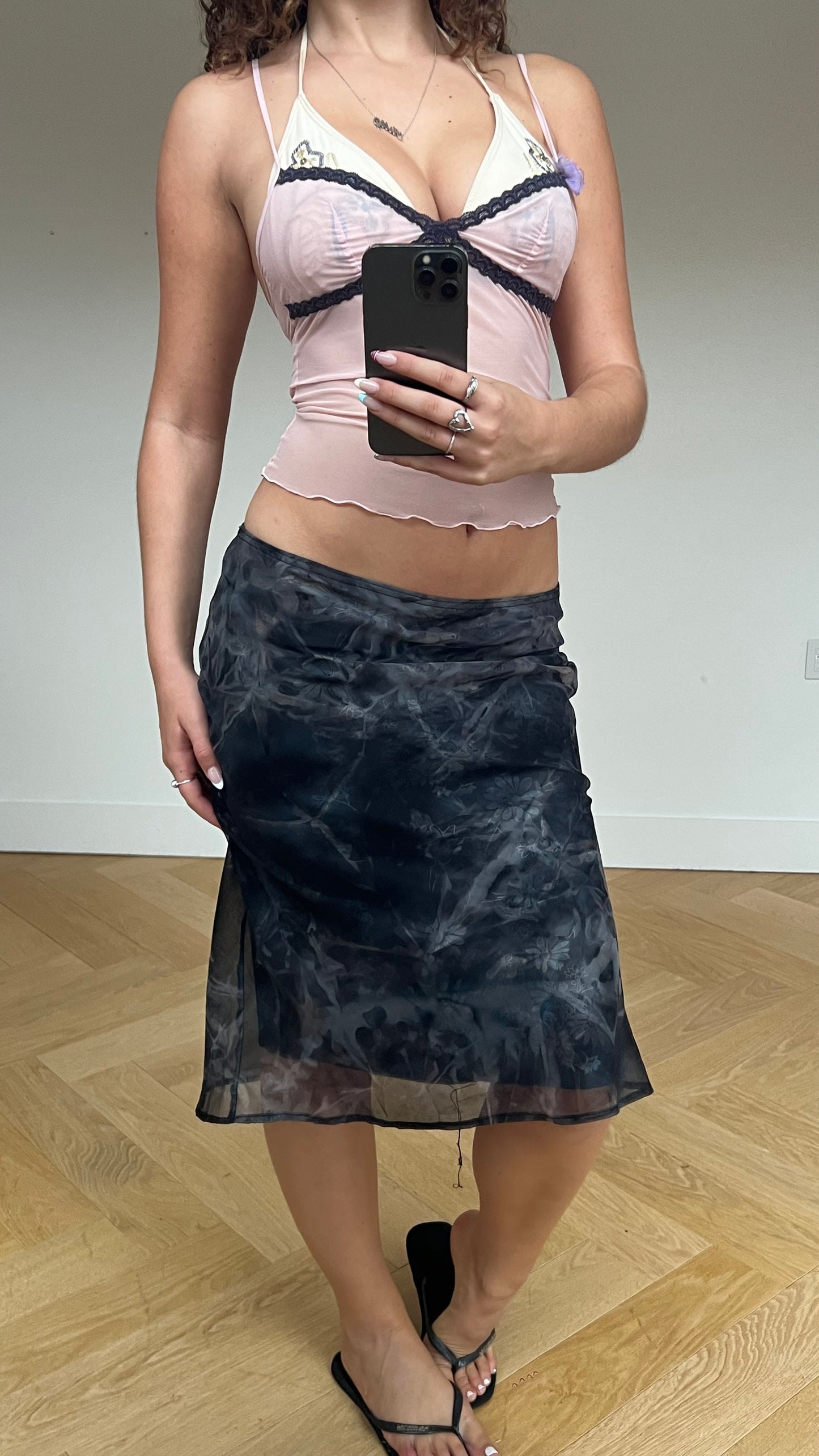 00s grey floral midi skirt- size M