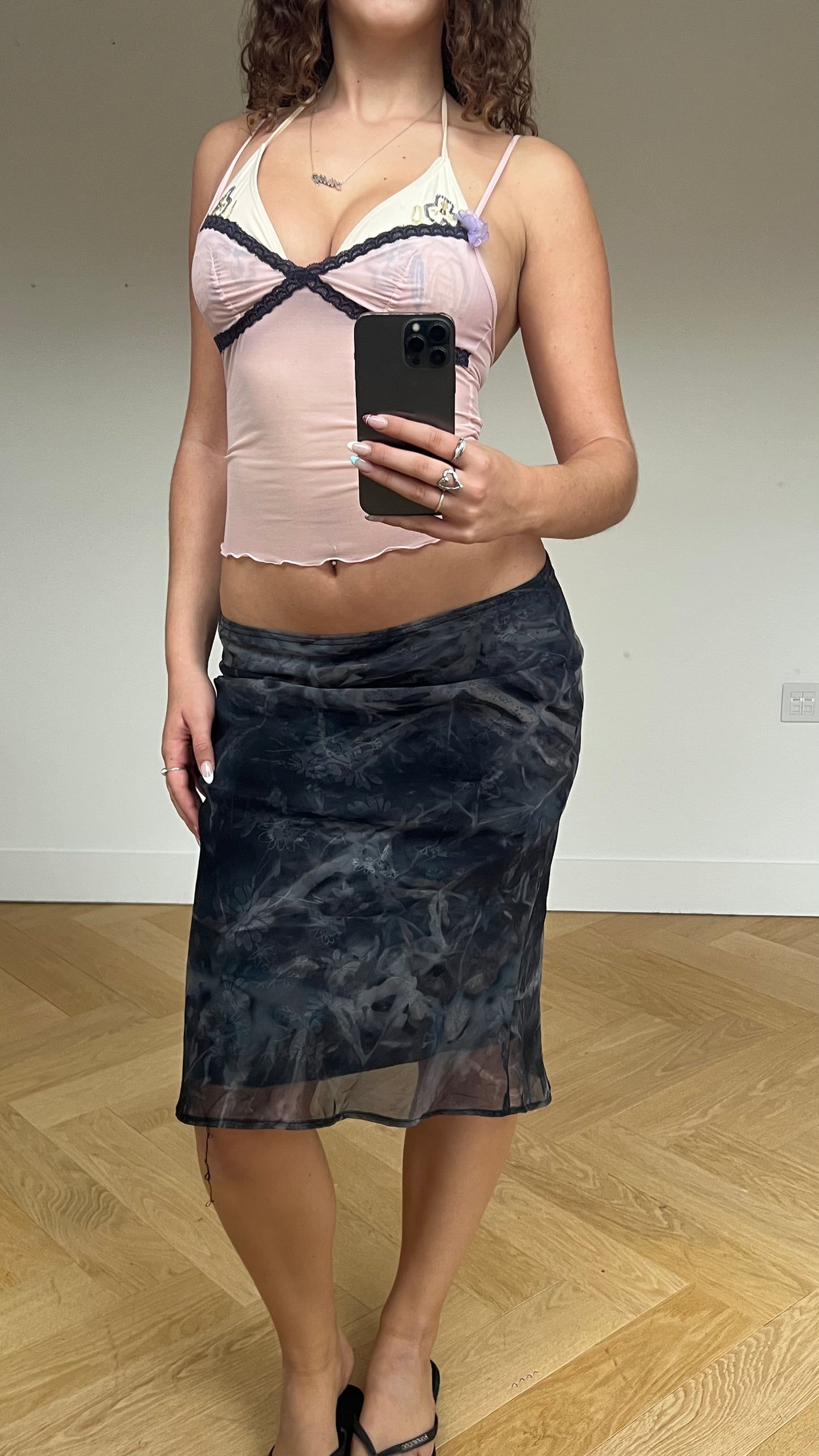 00s grey floral midi skirt- size M