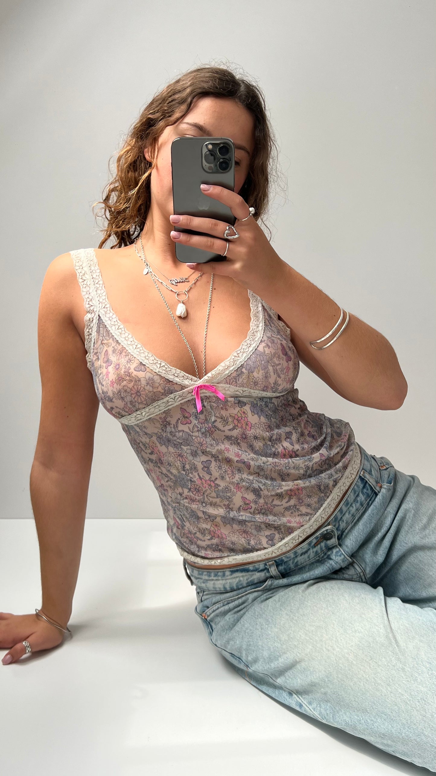 00s blue floral mesh cami- size L