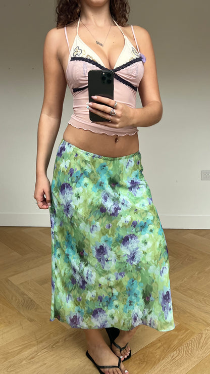00s green floral maxi skirt- size M