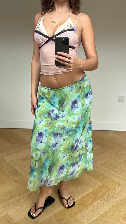 00s green floral maxi skirt- size M