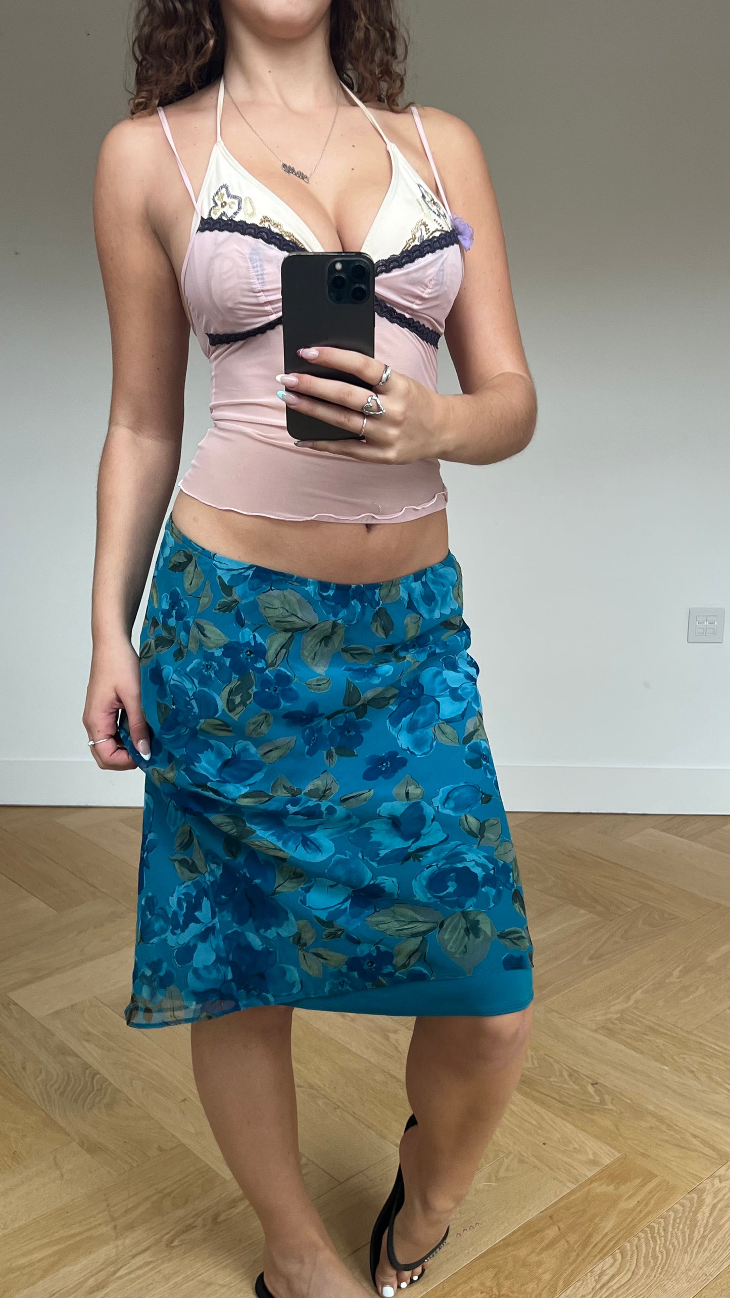 00s blue floral midi skirt- size S