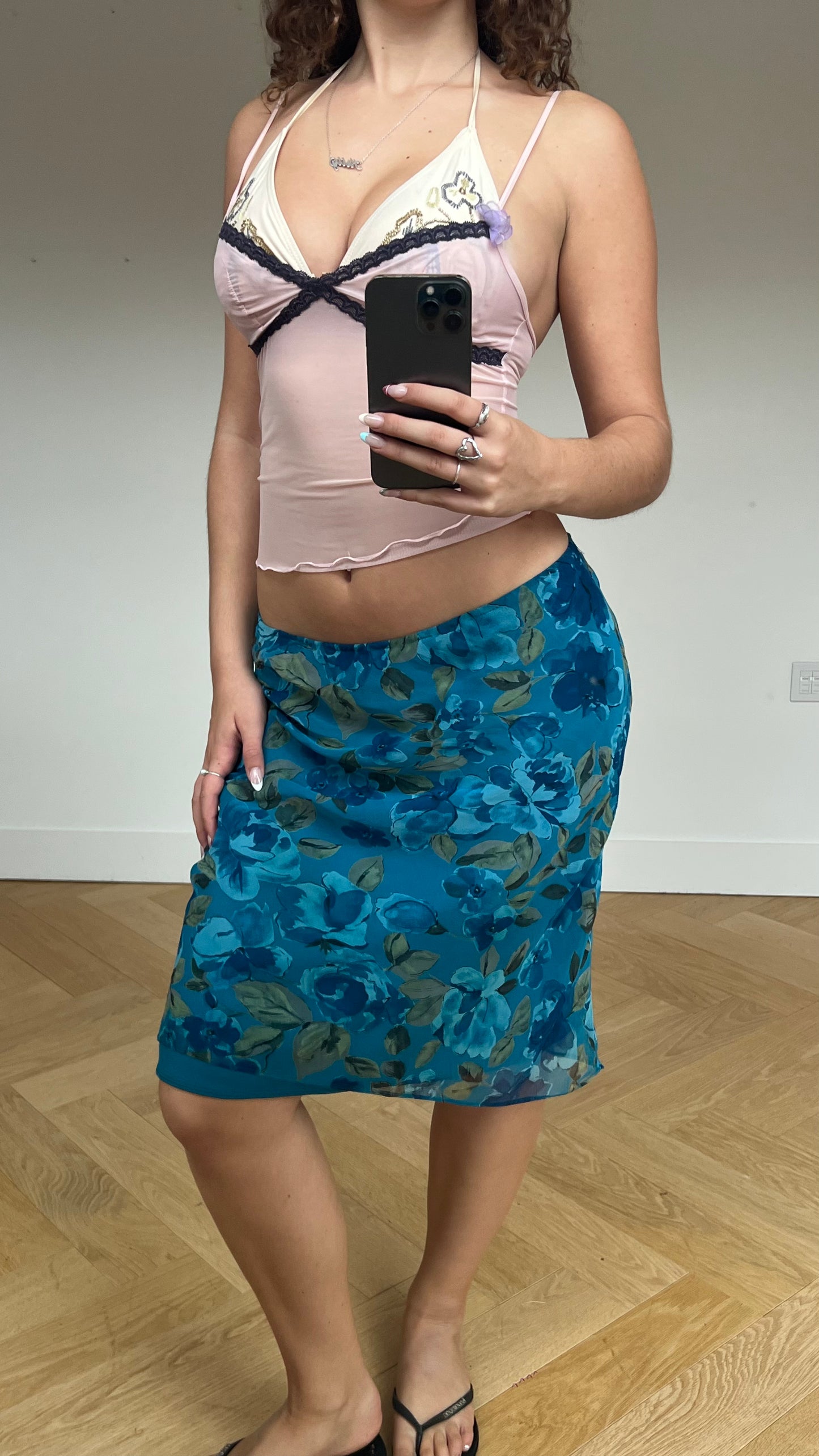 00s blue floral midi skirt- size S