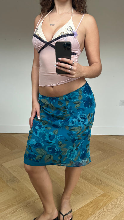 00s blue floral midi skirt- size S