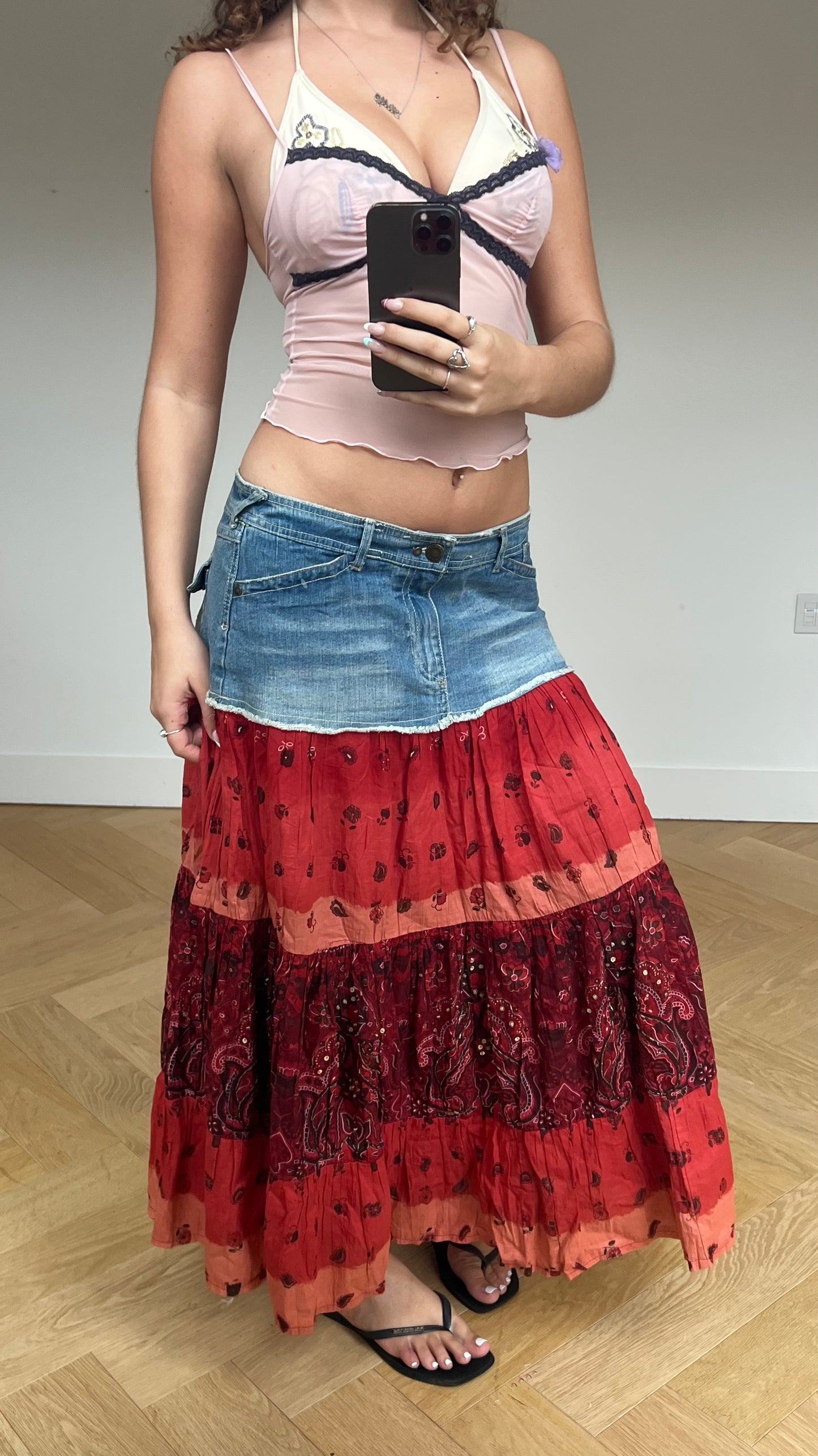 00s denim orange maxi skirt- size XL