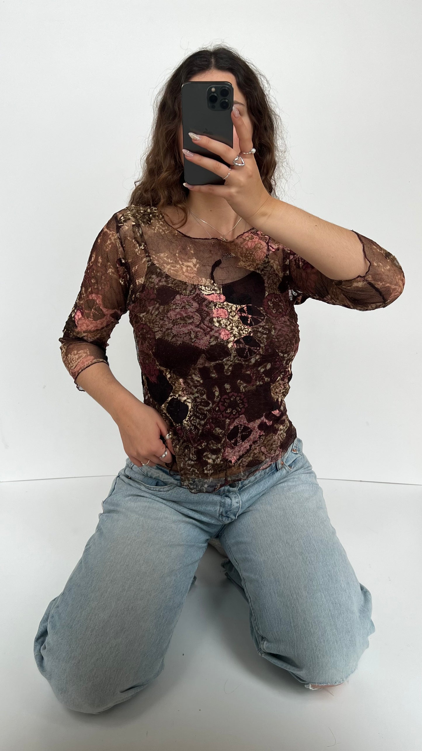 00s brown pink mesh top- size M