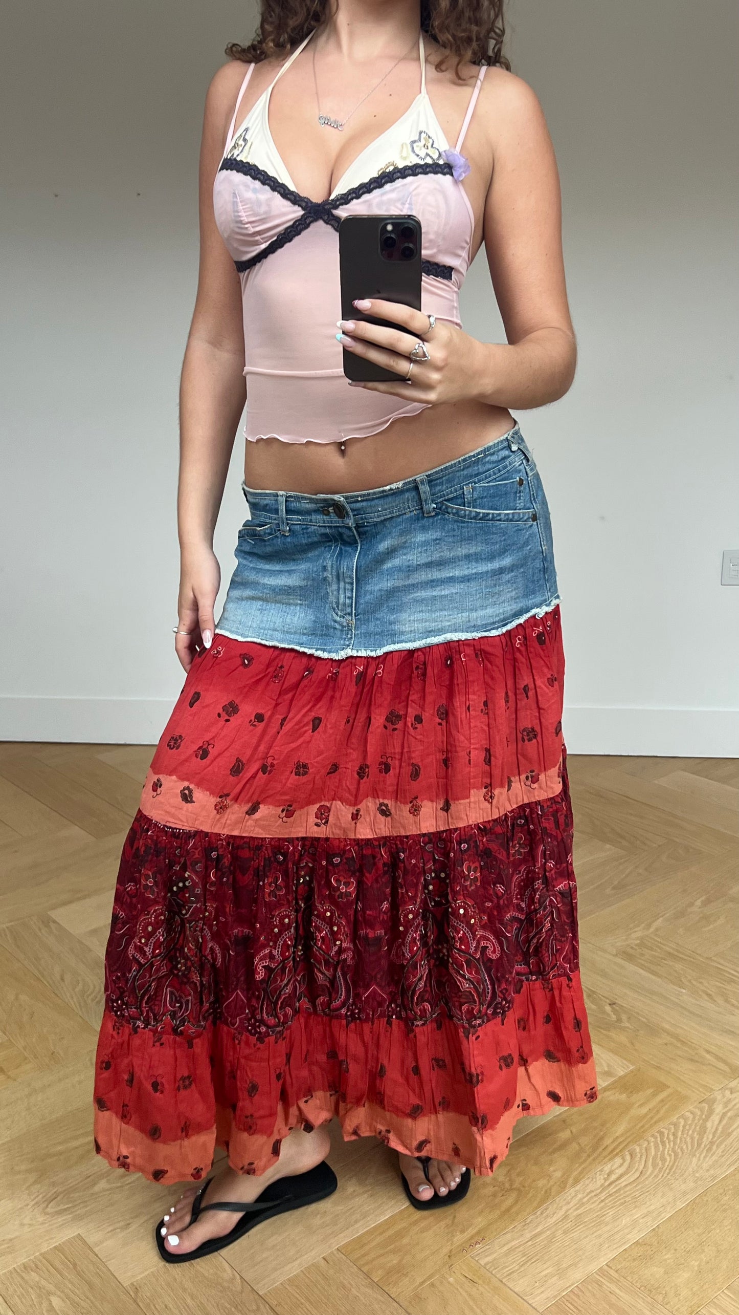 00s denim orange maxi skirt- size XL