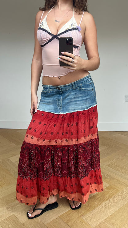 00s denim orange maxi skirt- size XL
