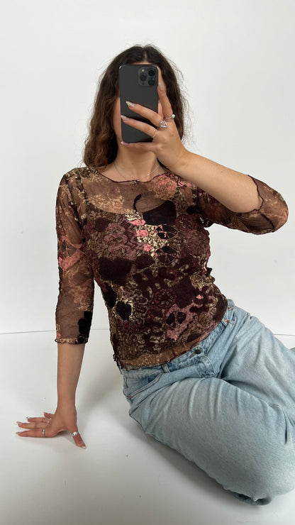 00s brown pink mesh top- size M