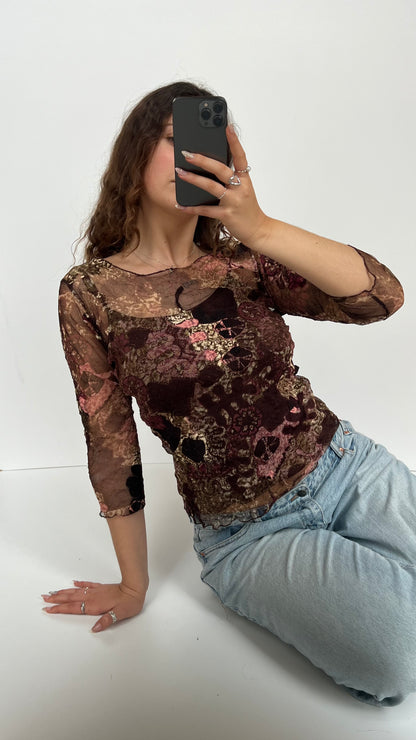 00s brown pink mesh top- size M