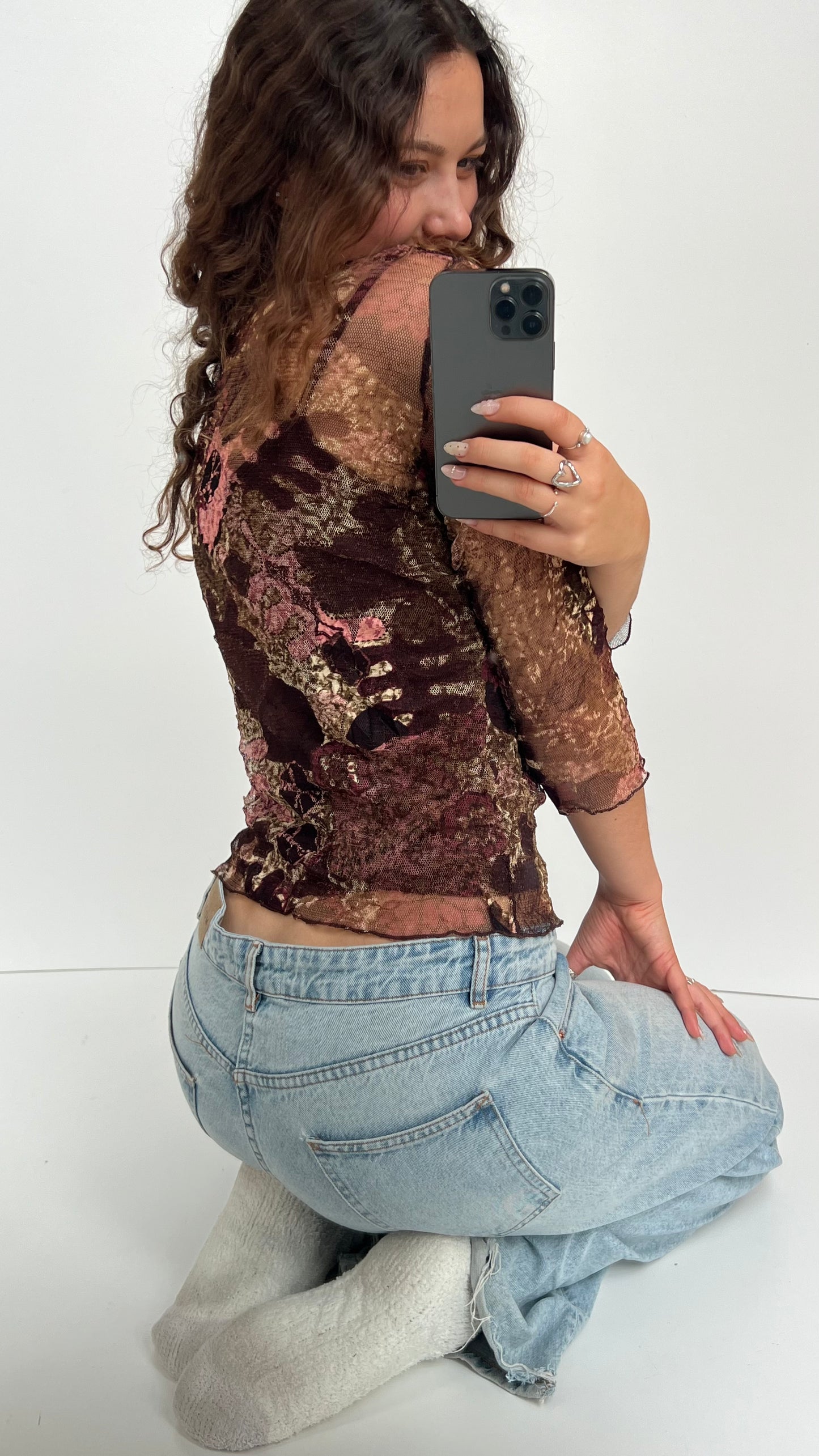 00s brown pink mesh top- size M