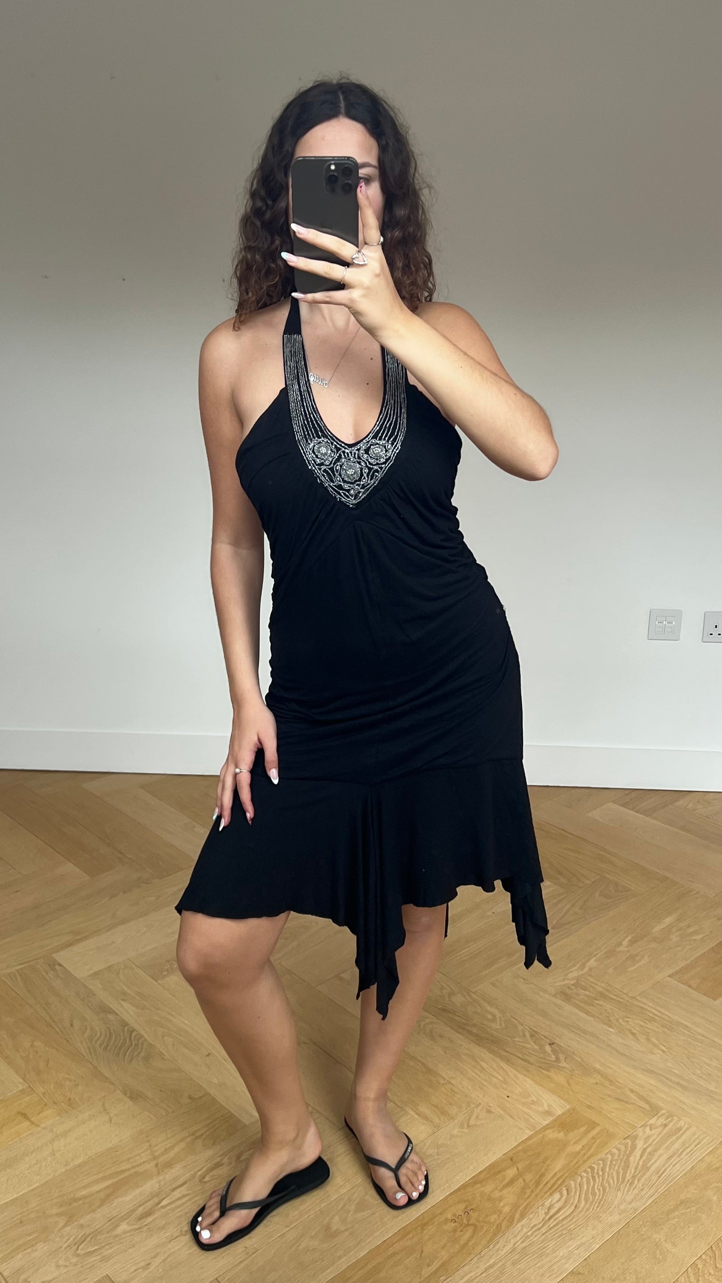 00s black sequin midi dress- size M