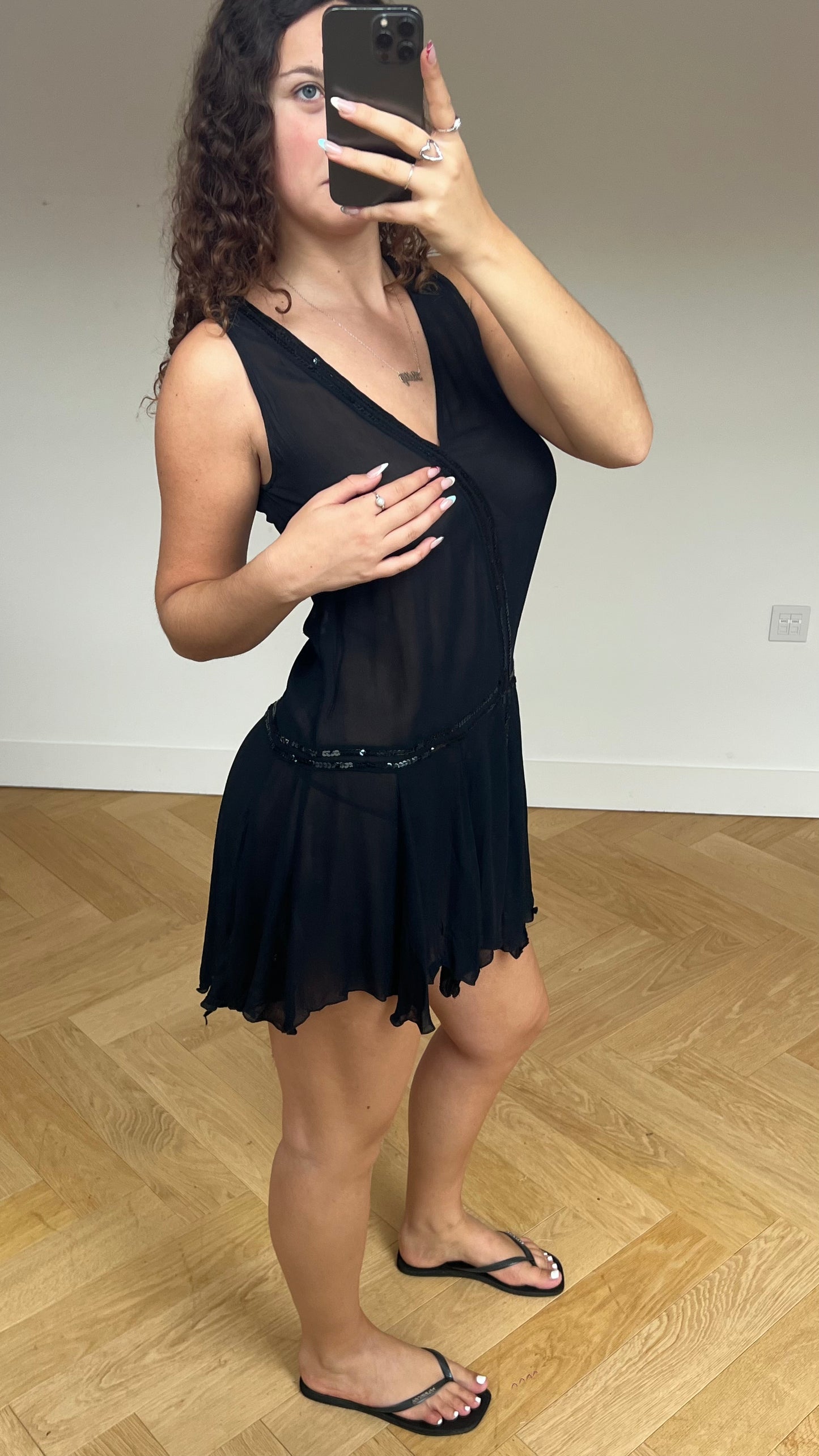 00s black mesh sequin mini dress- size M