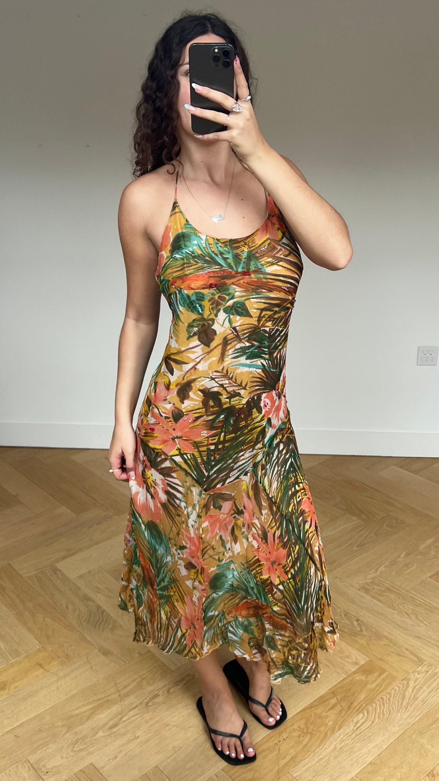 00s floral orange mesh maxi dress- size L