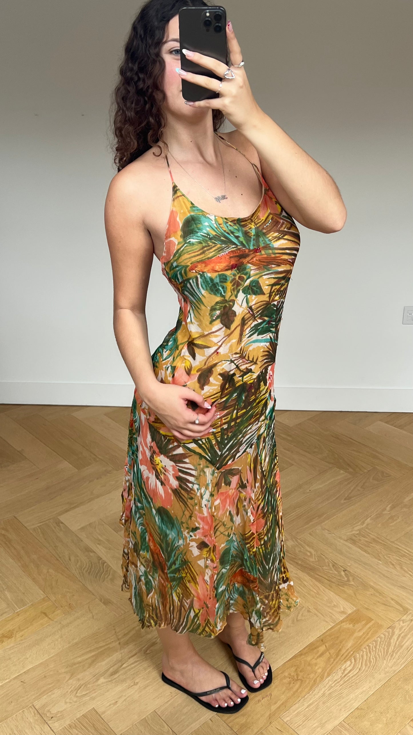 00s floral orange mesh maxi dress- size L