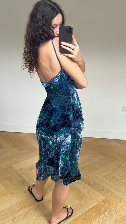 00s blue velvet midi dress- size M