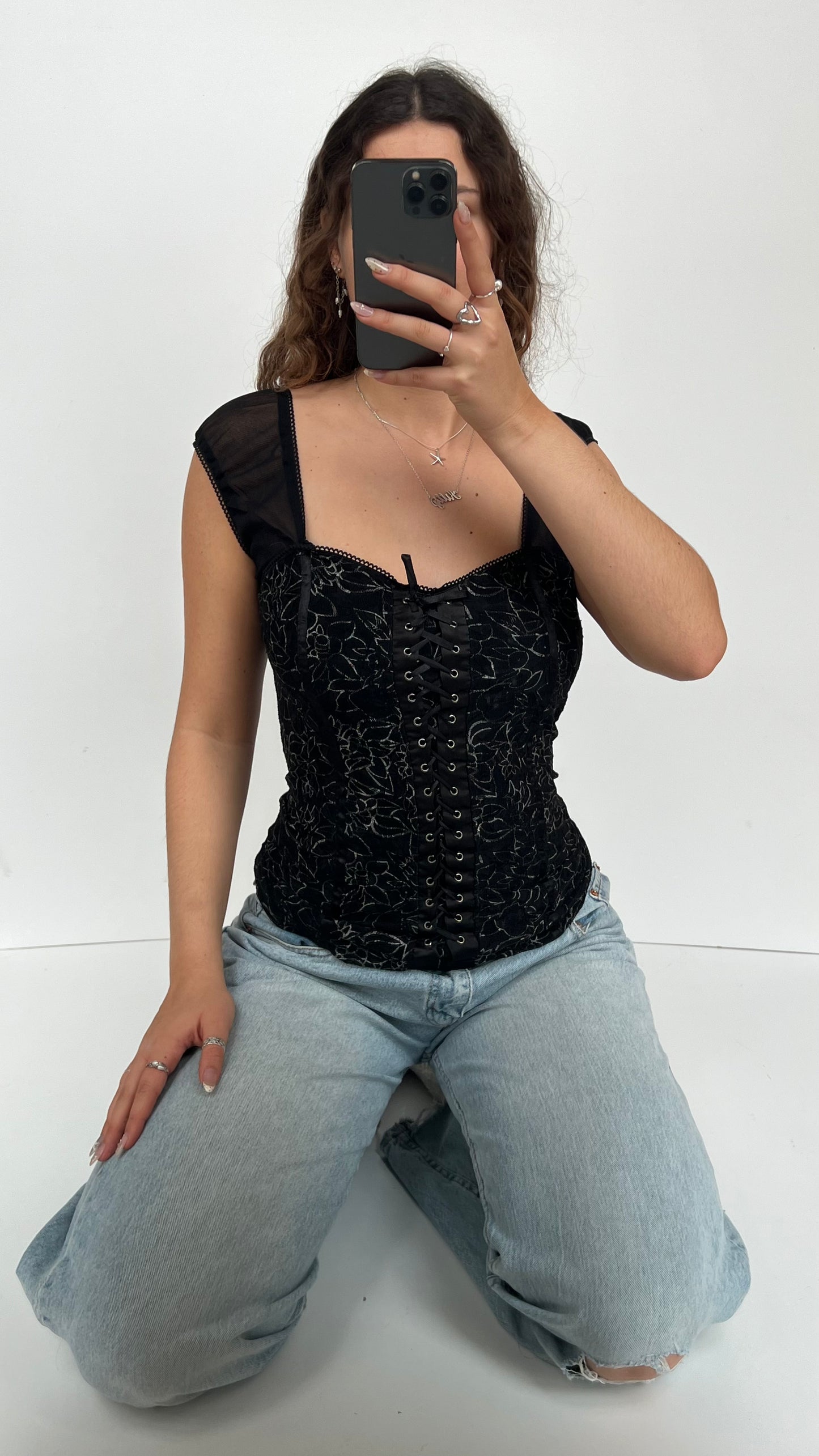 00s black lace milkmaid top- size XL