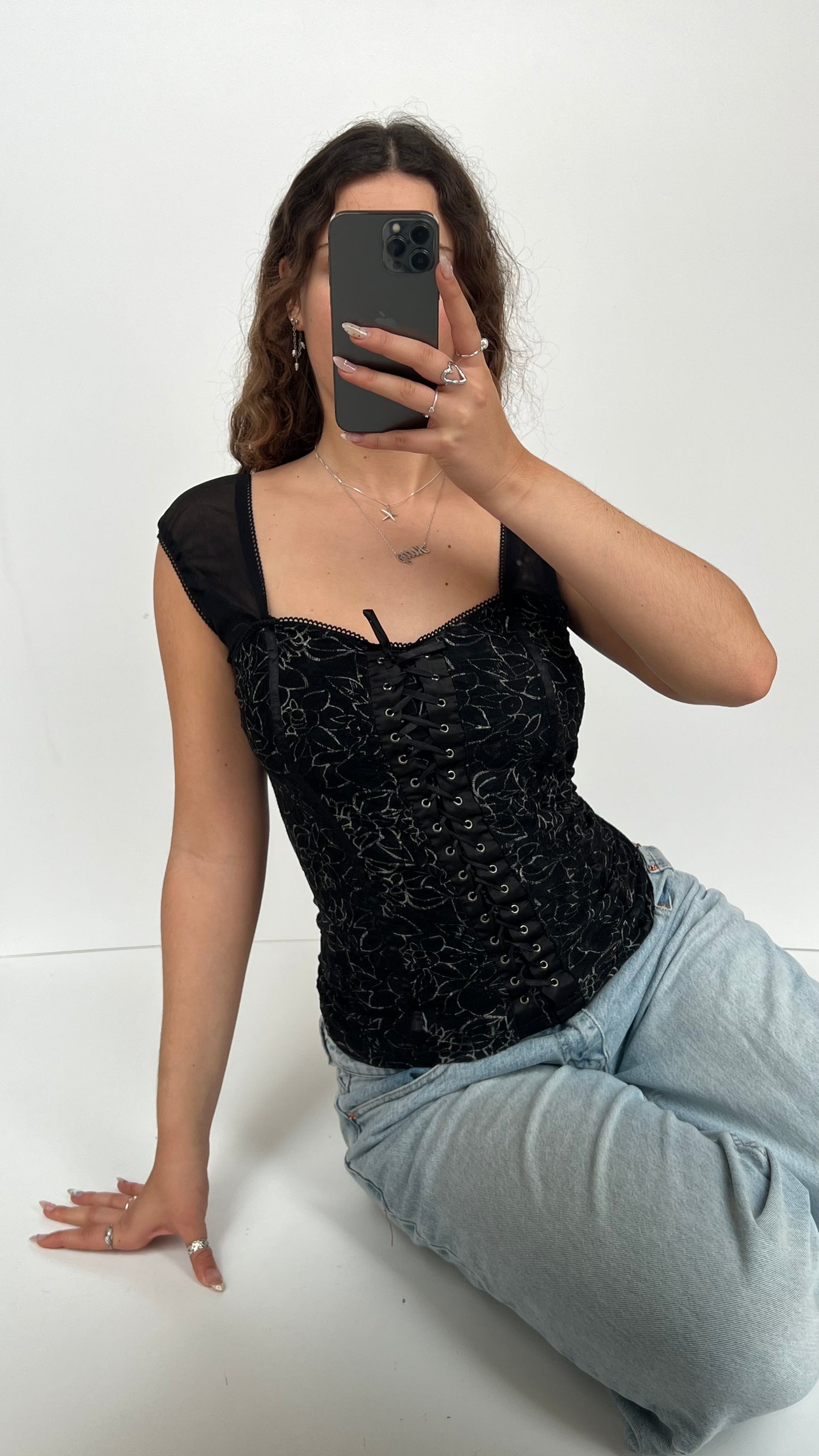 00s black lace milkmaid top- size XL
