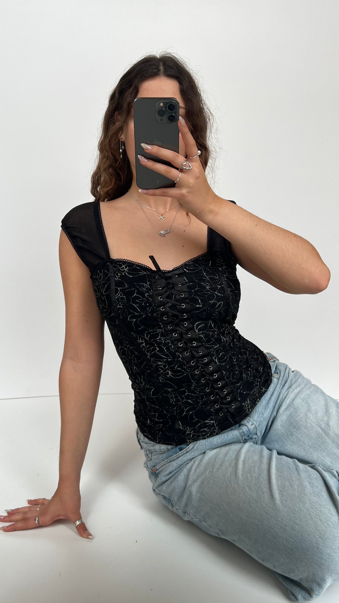 00s black lace milkmaid top- size XL